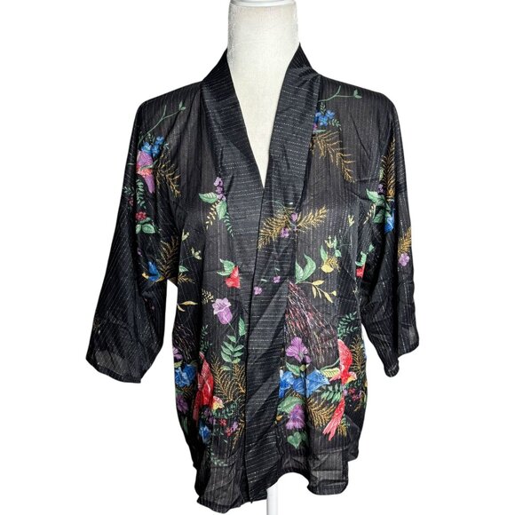 Vintage 70s Teddi Of California Kimono Style Top Size Small Black Floral Bird - Picture 1 of 7